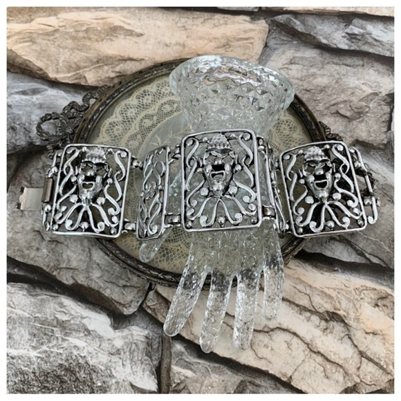 Vintage Selro Selini Signed Jester Clown Silver Plated Wide Panel Link Bracelet - Picture 4 of 10